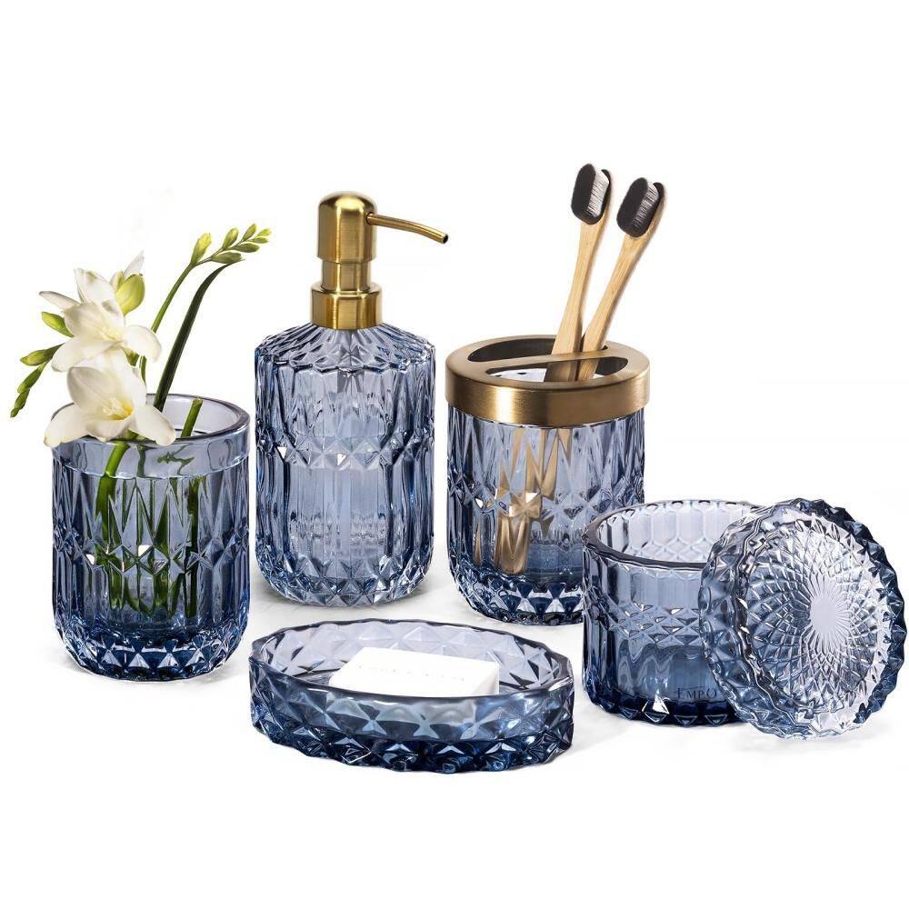 6-Pack Bathroom Glass Accessories Set with Soap Dispenser, Dish, Toothbrush Holder, Tumbler and Cotton Swab Jar, Blue price history on PriceWatchPro