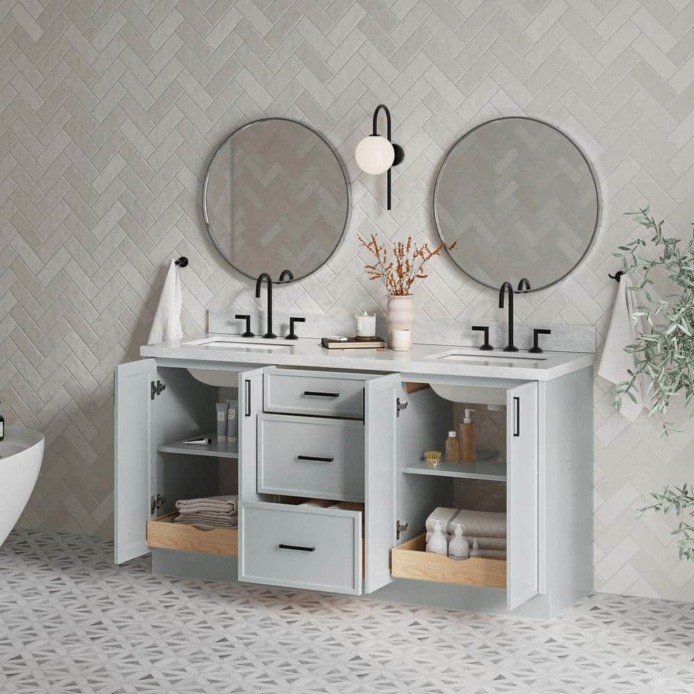 Gray Wood Double Sink Freestanding Vanity with Carrara Marble Top