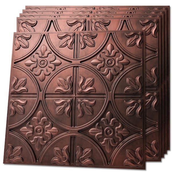 Antique Copper 24 in. x 24 in. Decorative Floral Medallion Faux Tin PVC Glue Up and Lay in Ceiling Tiles(192sq.ft./case)