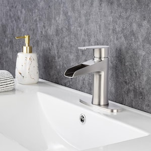 Single Handle Single Hole Waterfall Bathroom Faucet with Pop-Up Drain and Supply Lines in Brushed Nickel