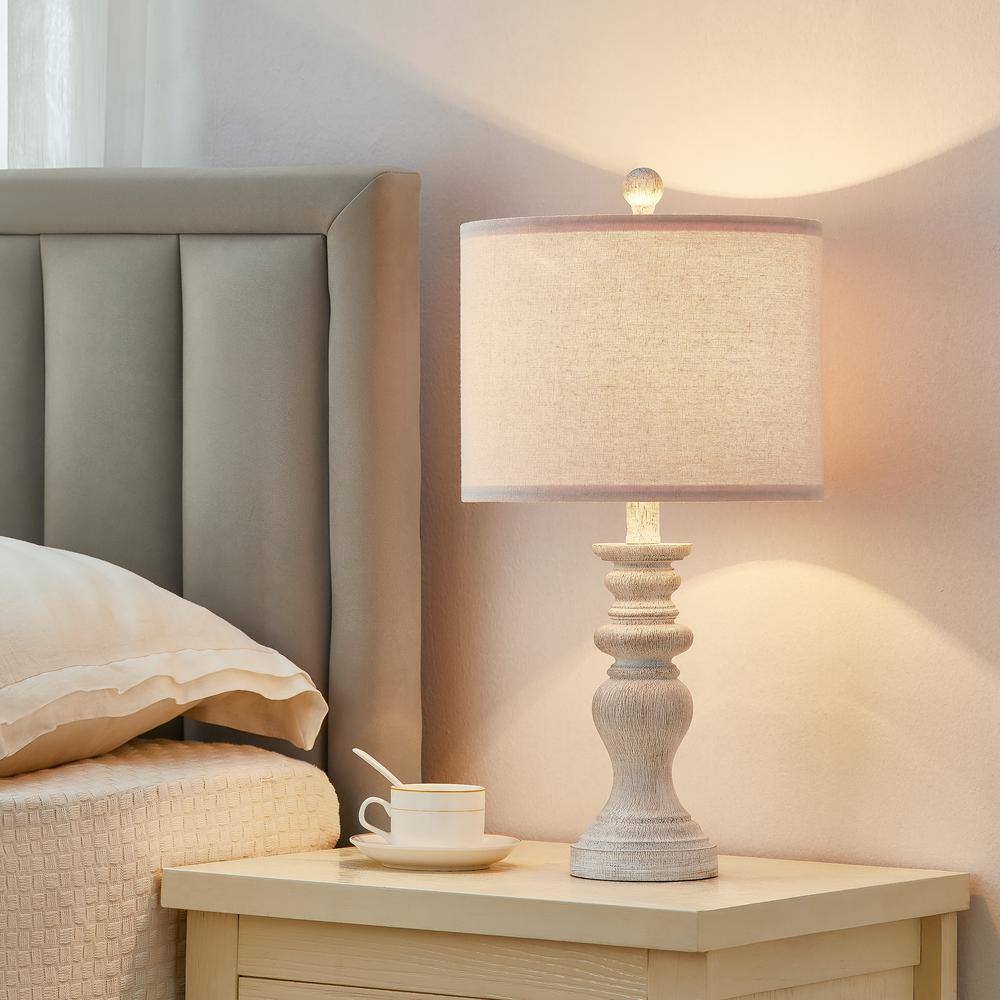 Distressed White Resin Farmhouse Table Lamp Set with Fabric Shade