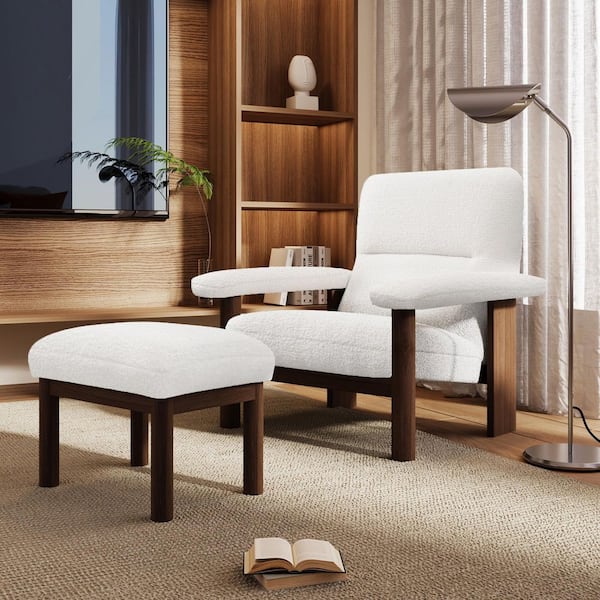 Harper & Bright Designs 2-Piece Modern White Armchair with Ottoman, Comfy Fabric Accent Chair Upholstered Set with Solid Wood Frame