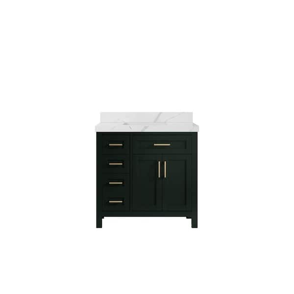 Willow Collections Cambridge 36 in. W x 22 in. D x 36 in. H Center Sink Bath Vanityin Dark Green with 2 in. Calacatta Quartz Top