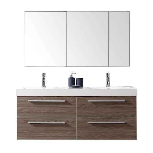Virtu USA Finley 55 in. W Bath Vanity in Gray Oak with Polymarble Vanity Top in White Polymarble with Square Basin and Faucet