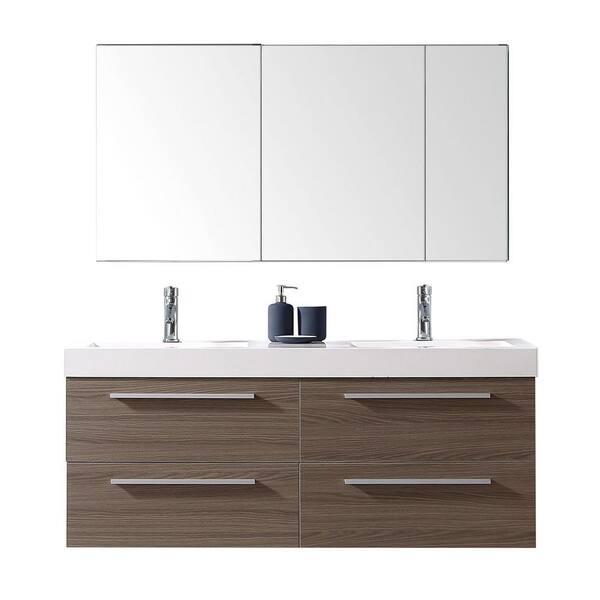 Virtu USA Finley 55 in. W Bath Vanity in Gray Oak with Polymarble Vanity Top in White with Square Basin and Mirror and Faucet