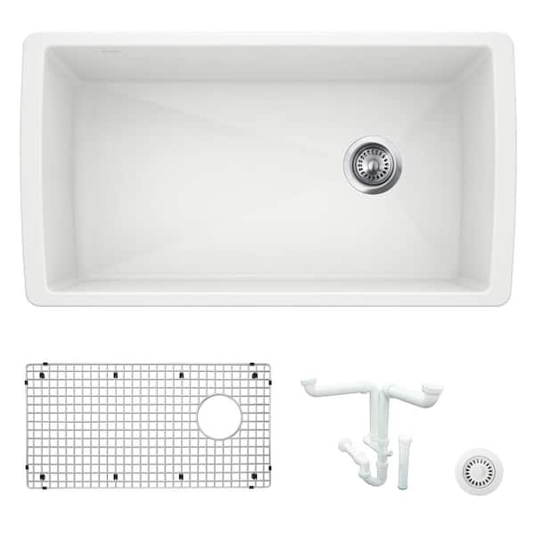 Blanco Diamond 33.5 in. Undermount Single Bowl White Granite Composite Kitchen Sink Kit with Accessories