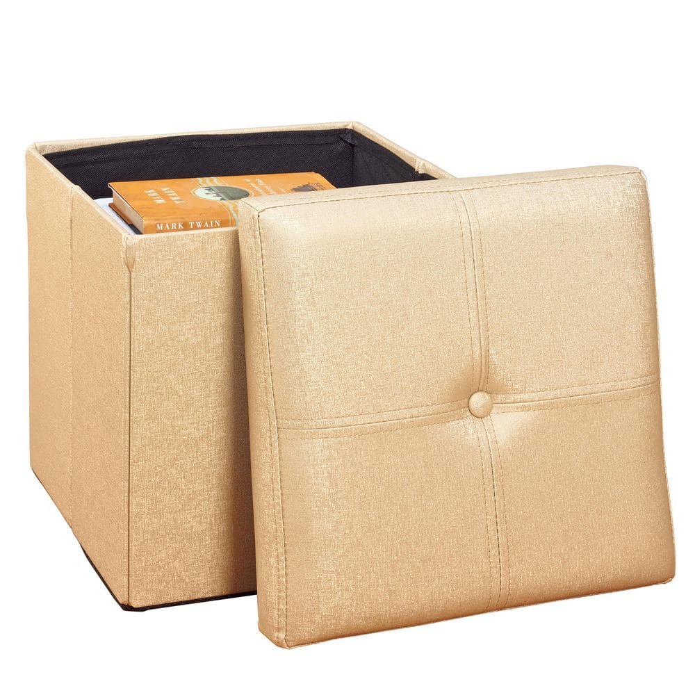 Elegant Gold Faux Leather Folding Storage Ottoman Cube