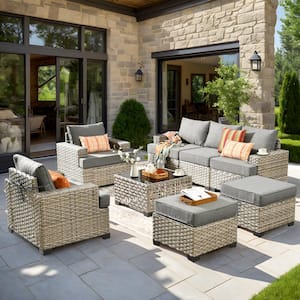 Kelley's 8-Piece Wicker Modern Outdoor Patio Conversation Sofa Seating Set with a LED Table and Dark Grey Cushions