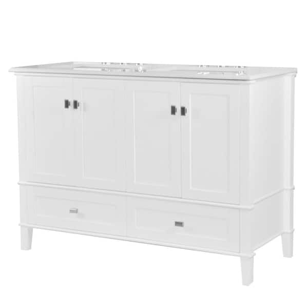Bellaterra Home 49 in. W x 22 in. D x 36 in. H Double Bathroom Vanity Side Cabinet in White with White Quartz Top with White Basins