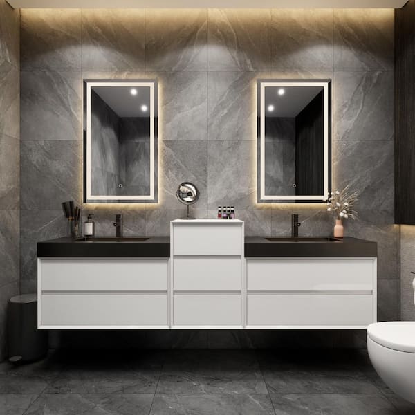 MIA 114 in. W x 20 in. D x 30 in. H Double Sink Middle Cabinet Bath Vanity in Gloss White with Black Stainless Steel Top
