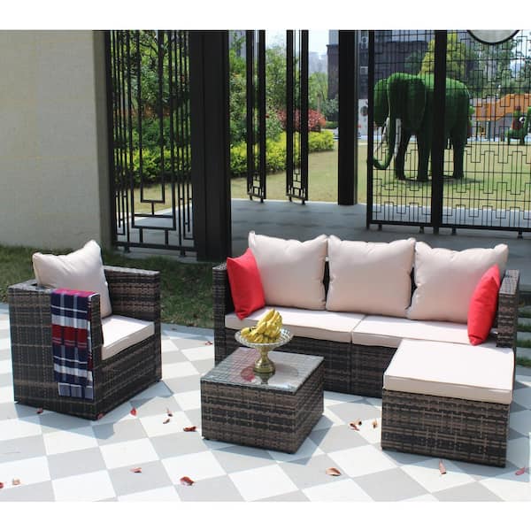 Tenleaf 4-Piece Brown Wicker Patio Conversation Set with Beige Cushions ...