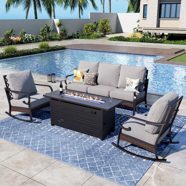 PHI VILLA 4-Piece Black Metal Outdoor Patio Conversation Set with Rocking Chairs, 50000 BTU Fire Pit Table and Light Gray Cushions