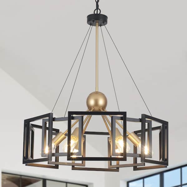 LWYTJO 6-Light 24.4 in. Black/Gold Industrial Sputnik Sphere Geometric Drum Chandelier Pendant Light Fixture for Living Room