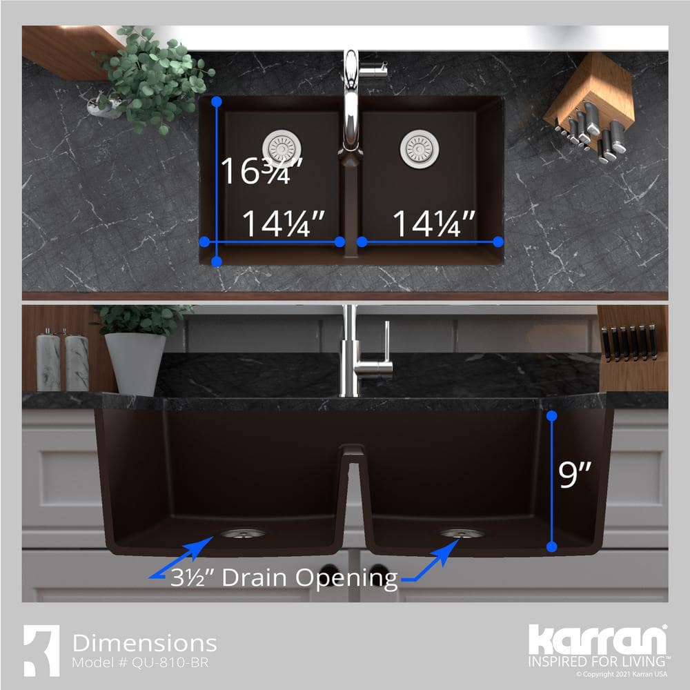 Brown Quartz 32'' Double Bowl Undermount Kitchen Sink