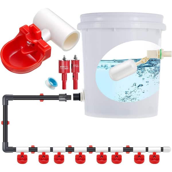Automatic Chicken Waterer Set with PVC Tee Fittings Float Valve Controlled Nipple Waterer Cups 8 Pack