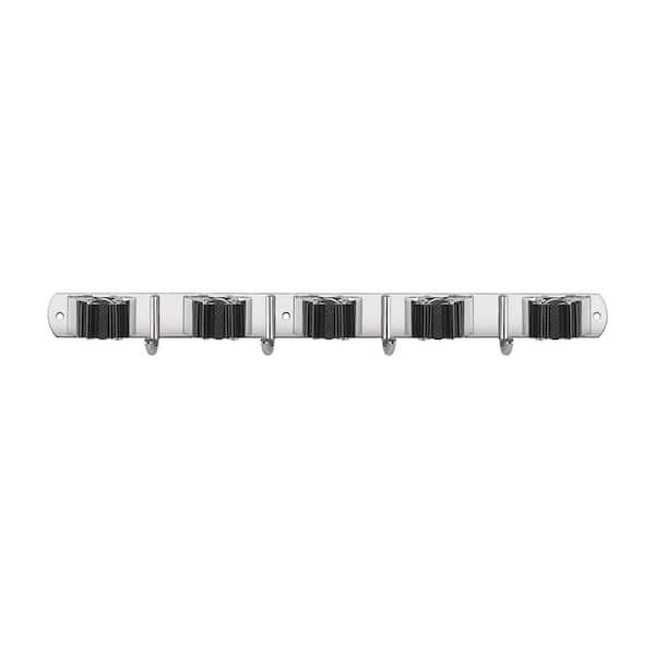 (2-Pack) 17 in. Silver Stainless Steel Heavy Duty Wall Rack with 5-Racks 4-Hooks Self Adhesive Broom Organizer