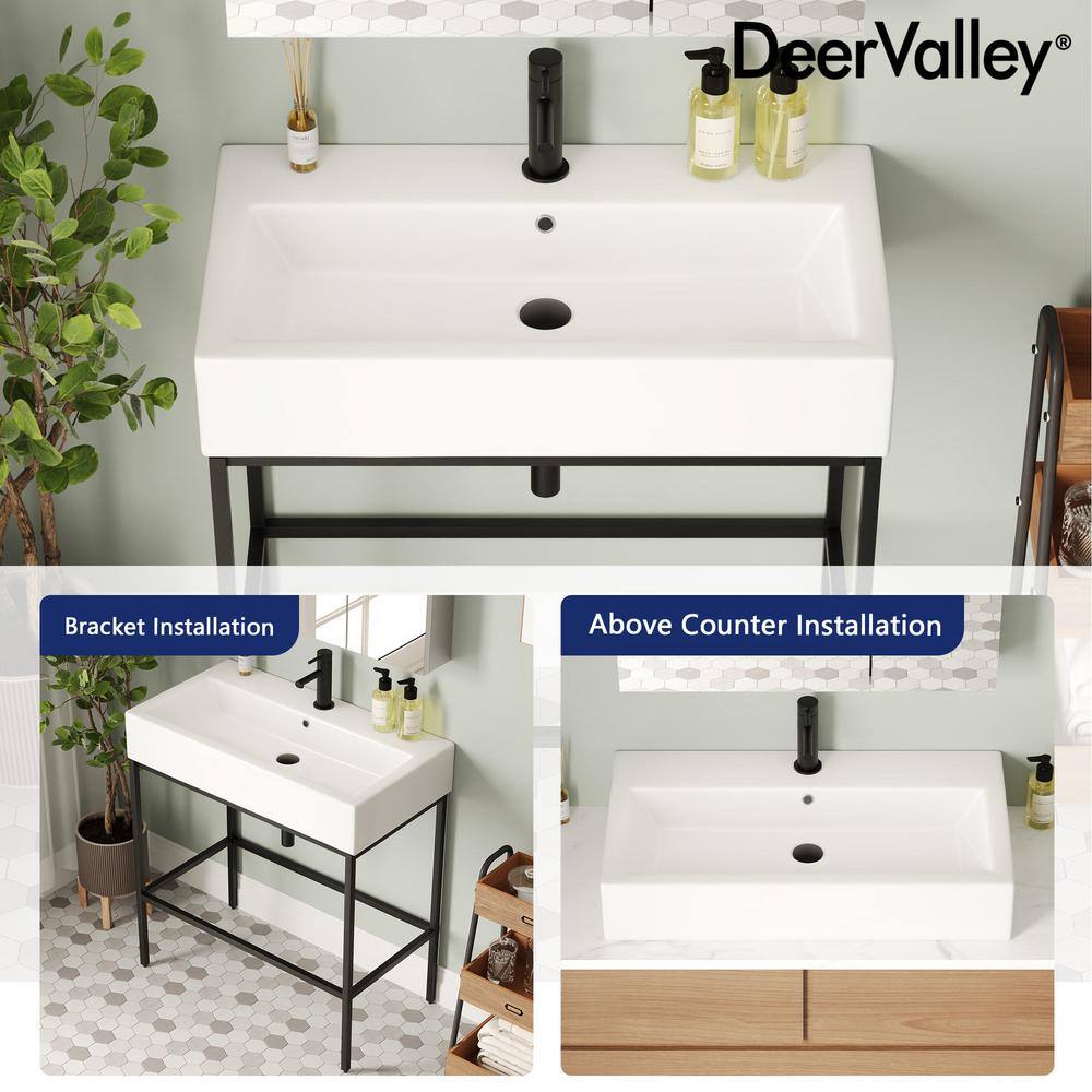 Black Ceramic Wall-Mount Console Bathroom Sink with Stainless Steel Bracket