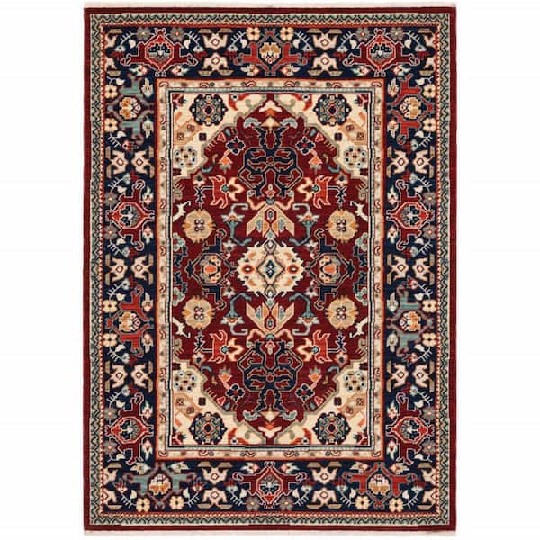 HomeRoots Red Blue Orange and Beige 2 ft. x 3 ft. Oriental Power Loom Stain Resistant Fringe Area Rug