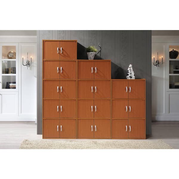HODEDAH 41 in. Cherry Wood 3-shelf Standard Bookcase with Doors