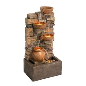 28.5 in. Brown 4-Tier Polyresin Cascade Water Fountain with LED lights