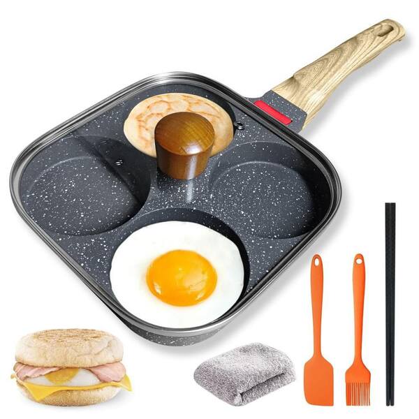4‑Cup Aluminum Egg Pan Set with Lid, Silicone Scraper, Oil Brush, Chopsticks, Cleaning Cloth, for Breakfast, Black