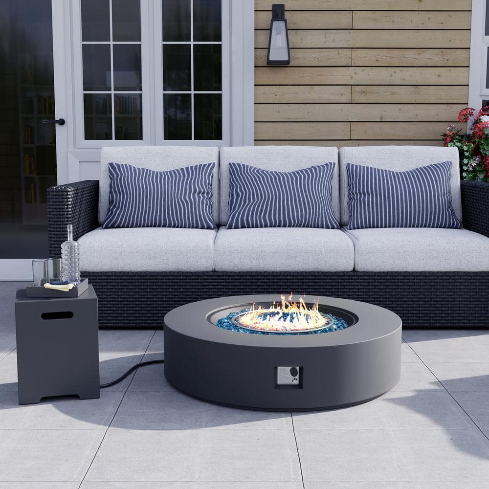 42 in. Gray Round Outdoor Concrete Propane Fire Pit Table with Tank Holder -  UPHA, HD-35MGO-WST