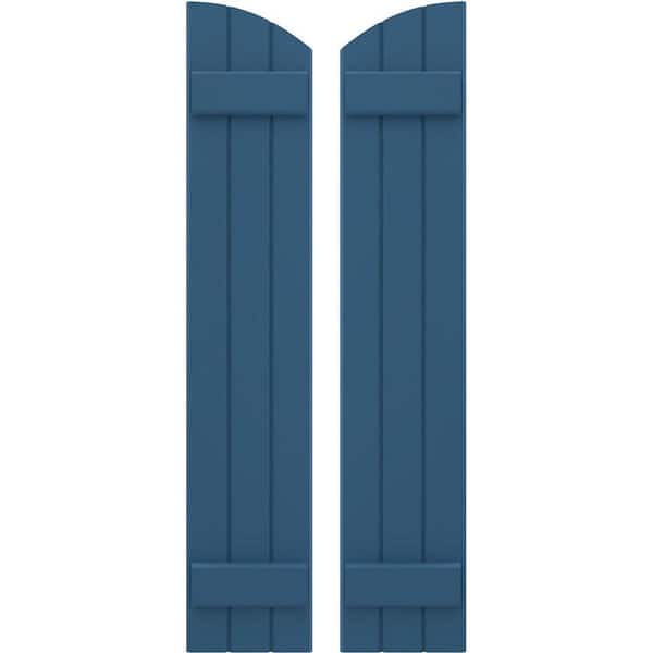 Ekena Millwork 10-1/2 in. W x 74 in. H Americraft Exterior Real Wood Joined Board and Batten Shutters with Elliptical Top Sojourn Blue