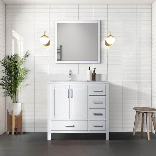 Lexora Jacques 36 in. W x 22 in. D Left Offset White Bath Vanity, Cultured Marble Top, and Faucet Set