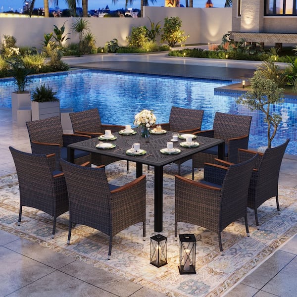 PHI VILLA 9-Piece Cast Aluminum Patio Outdoor Dining Set with Square Table and Wooden Armrest Rattan Chairs with Blue Cushion