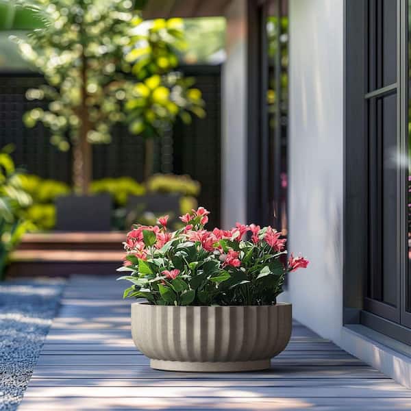 Large Light Gray Round Concrete Planter with Pleated Design and Drainage Hole (21 in. L x 21 in. W x 8.5 in. H)