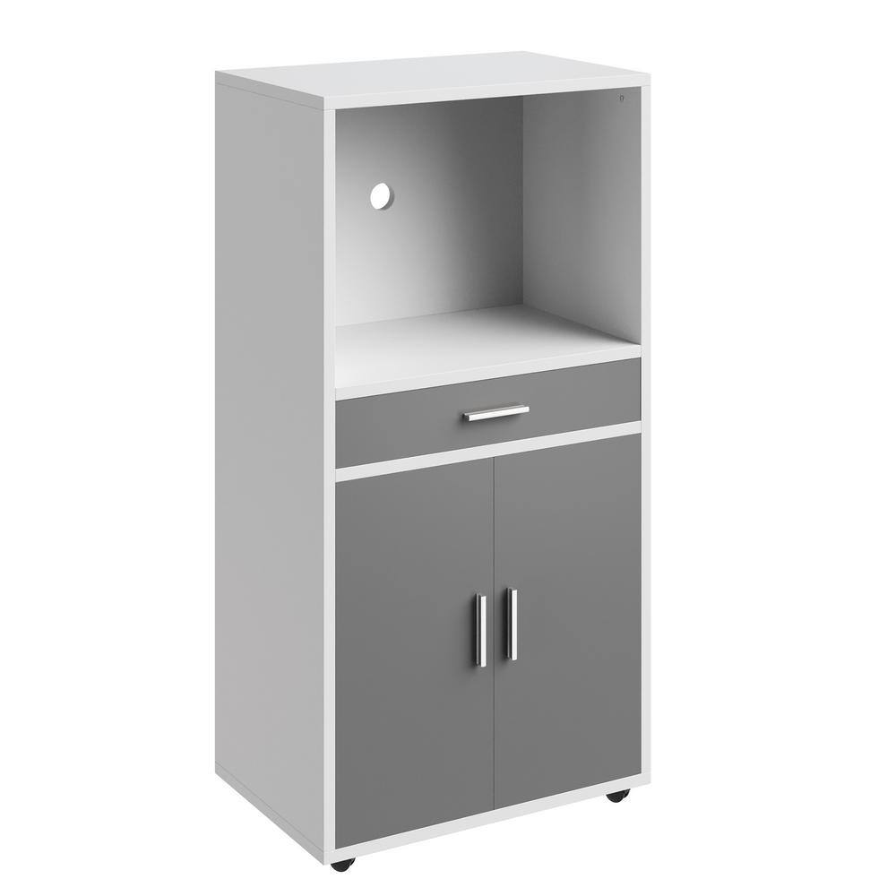White and Gray Wood Microwave Stand with Storage and Wheels