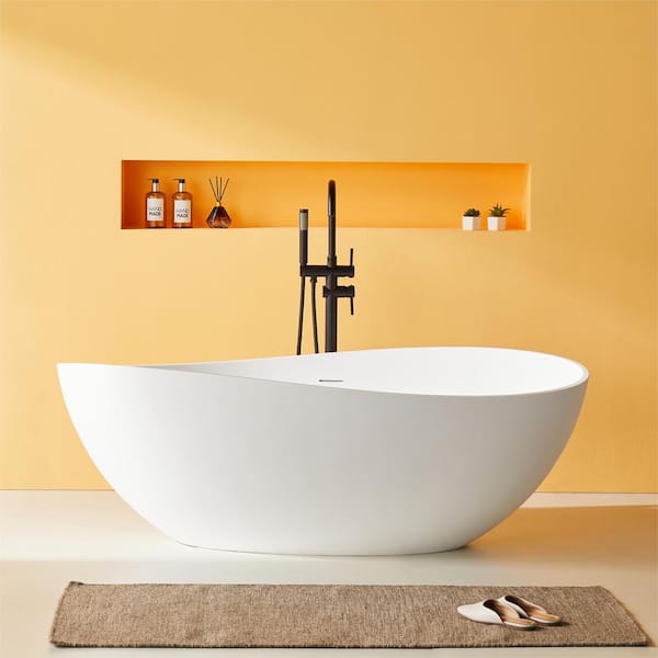 Abruzzo 63 in. x 37.4 in. Freestanding Soaking Solid Surface Bathtub with Center Drain in Matte White