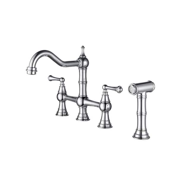 Lukvuzo 2 Handles 4 Holes 8.85 in. Solid Brass Bridge Dual Handles Kitchen Faucet with Pull-Out Side Sprayer in Chrome