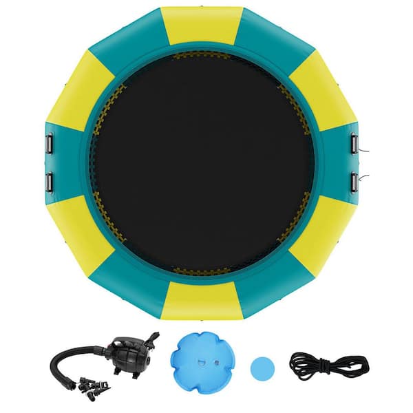 SKYSHALO Inflatable Water Bouncer, 13ft. Recreational Water Trampoline, Portable Bounce Swim Platform with 3-Step Ladder