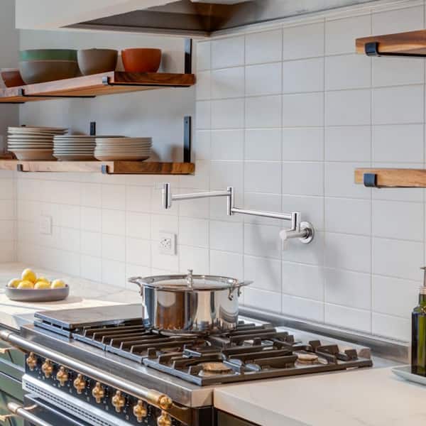 Solid Brass Wall Mounted Pot Filler Faucet with Double Joint Swing Arms, Commercial Kitchen Pot Faucet in Brushed Nickel