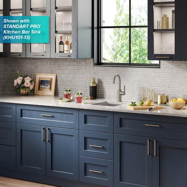 Navy Blue Kitchen Featuring Brushed Brass Square Bar Series by