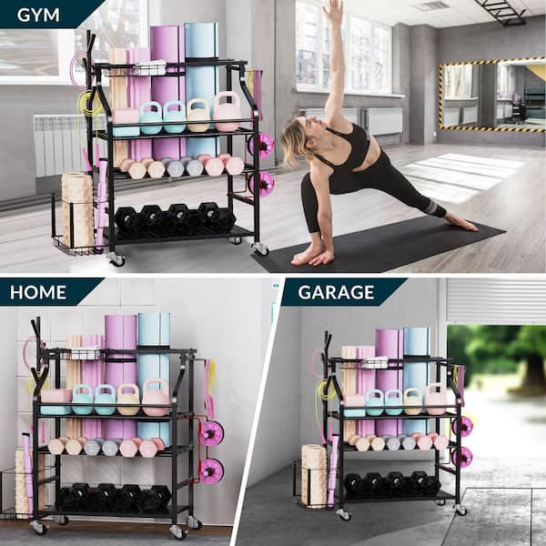4 Layers Yoga Mat Storage Rack, Dumbbells Rack, Home Gym Holder Garage  Storage Organizer with Wheels and Hooks