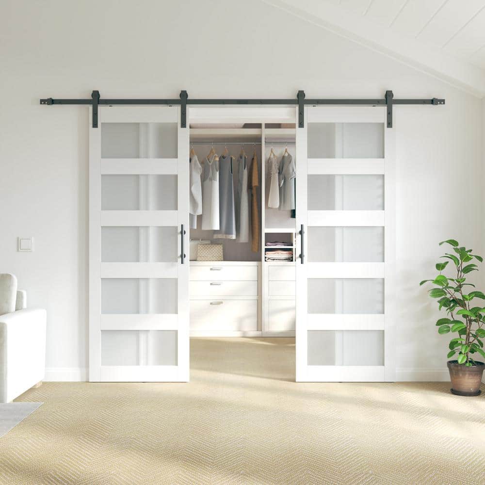 60 in. x 84 in. 5 Frosted Glass White PVC Surface MDF Sliding Barn Door wit