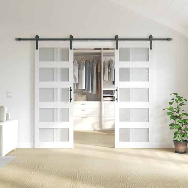 60 in. x 84 in. 5 Frosted Glass White PVC Surface MDF Sliding Barn Door with Hardware Kit