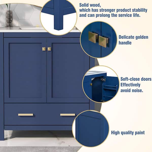 30 in. W Single Sink Freestanding Bath Vanity in Blue with White Ceramic Top, 2 Doors and a Drawer