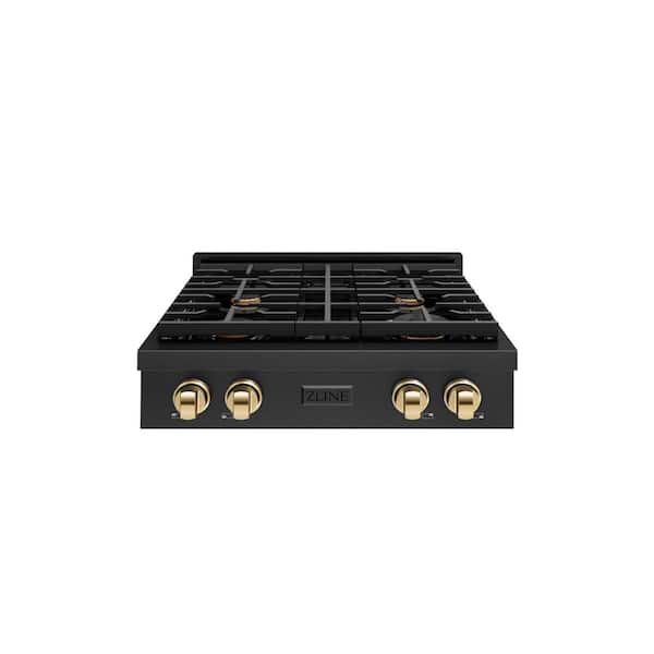 ZLINE Kitchen and Bath Autograph Edition Paramount 30 in. 4-Burner Porcelain Cooktop in Black Stainless Steel with Polished Gold Accents