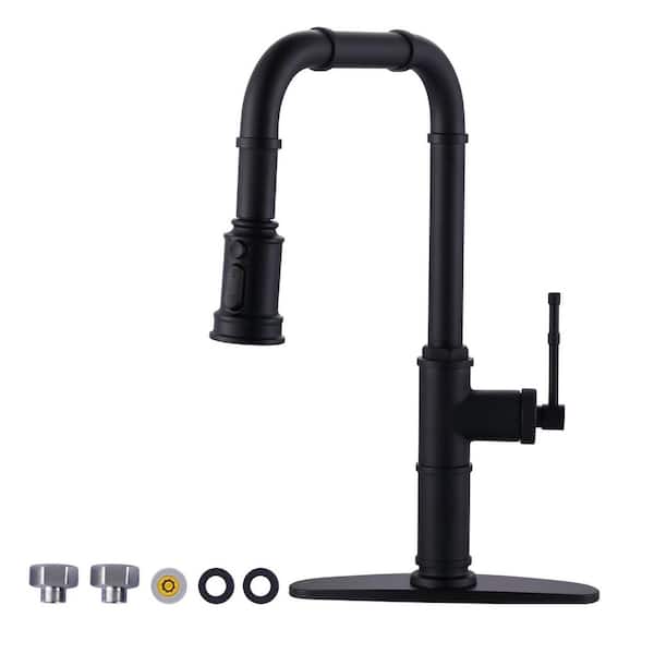 Brass Matte Black 17.9 in. H 360° Spout Swivel Pull Down Sprayer Kitchen Faucet with 3 Function Sprayer