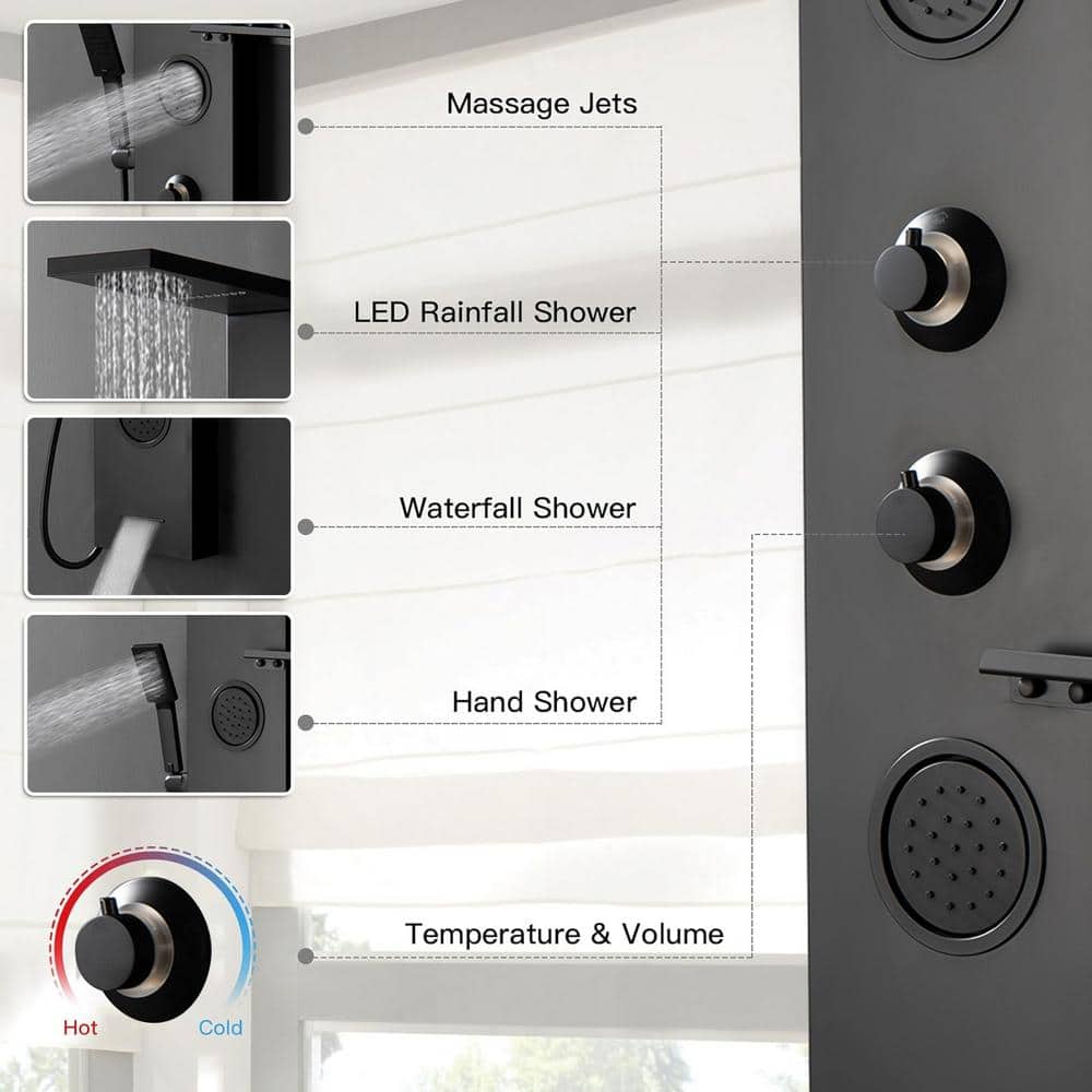 Matte Black Thermostatic Shower Panel System with LED Light