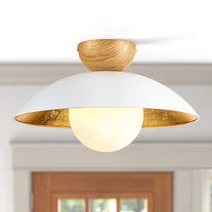 Paquette 14.5 in. 1-Light White/Gold Leaf Wood Dome Bowl Glass Bubble Flush Mount Light with Frosted Opal Glass Globe