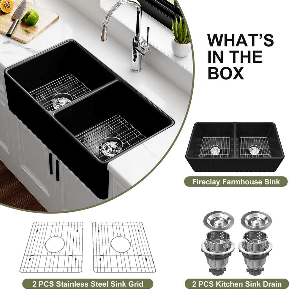Matte Black Double Basin Fireclay Farmhouse Sink with Drainboard