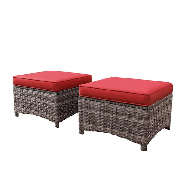 Wicker Outdoor Ottoman Patio Footstool with Red Cushions (2-Pack)