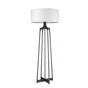 58.75 in. Black and White 1 Light 1-Way (On/Off) Column Floor Lamp for Liviing Room with Cotton Round Shade