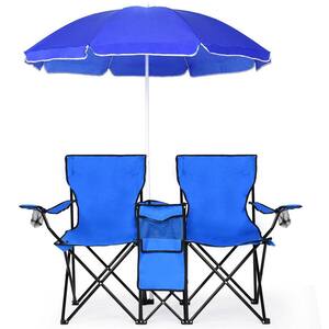Blue Metal Folding Lawn Chair Camping Double Chair with Umbrella