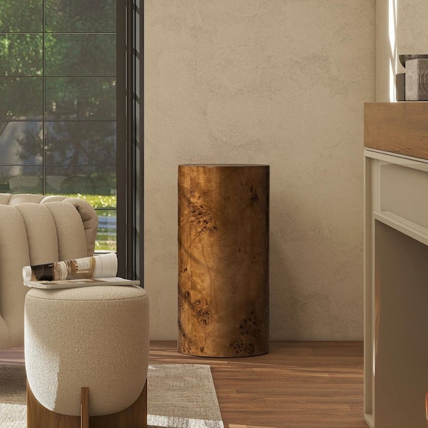 Nebula 14.5 in. Burl Wood Accent Pillar Round Side Table in Medium Brown Walnut