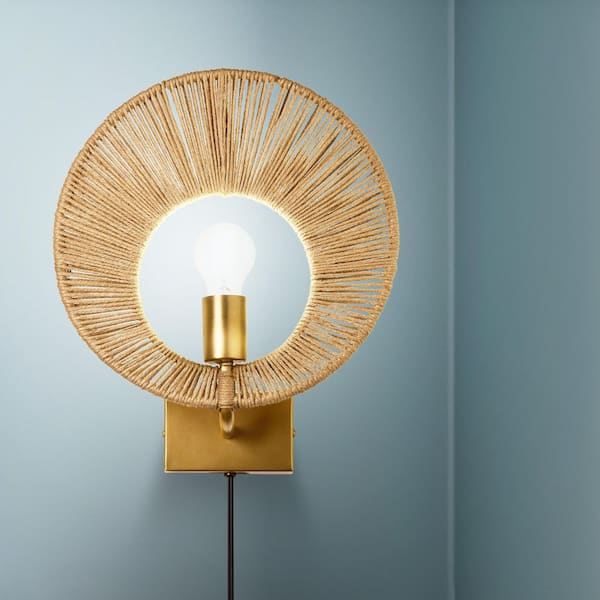 Tess 5 in. W 1-Light Brushed Gold Round Plug-In Wall Sconce with Jute Shade